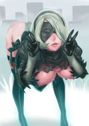 Rule 34 | 1girl, android, black blindfold, black hairband, blindfold, boots, breasts, feather-trimmed sleeves, gloves, hairband, highleg, highleg leotard, highres, hiki togu, juliet sleeves, large breasts, leotard, long sleeves, nier (series), nier:automata, nipples, puffy sleeves, silver hair, solo, standing, thigh boots, thighhighs, thighhighs under boots, white leotard, 2b (nier:automata)