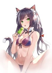Rule 34 | 1girl, absurdres, animal ear fluff, animal ears, bare arms, bare shoulders, bikini, black bikini, black hair, breasts, cat ears, cat girl, cat tail, cleavage, detached collar, fang, food, front-tie bikini top, front-tie top, frown, green eyes, highres, holding, karyl (princess connect!), karyl (summer) (princess connect!), large breasts, long hair, looking at viewer, low twintails, multicolored hair, musyne xsk, navel, open mouth, popsicle, princess connect!, saliva, saliva trail, simple background, sitting, solo, stomach, streaked hair, swimsuit, tail, thighs, tongue, tongue out, twintails, white background