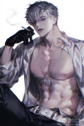 Rule 34 | 1boy, abs, absurdres, belt, black gloves, black pants, cigarette, collarbone, dog tags, gloves, hair over one eye, highres, holding, holding cigarette, ilay riegrow, light particles, long sleeves, male focus, navel, nipples, open clothes, open shirt, pants, passion (manhwa), shirt, short hair, simple background, smoke trail, solo, toned, toned male, twitter username, white background, white belt, white hair, white shirt, whiteislife 4