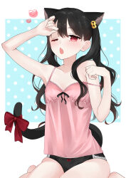 Rule 34 | 1girl, absurdres, animal ears, babydoll, bell, black hair, blush, breasts, cat ears, cat girl, cat tail, fang, hair bell, hair ornament, hand up, heart, highres, lingerie, long hair, looking at viewer, noko (meityoko73), one eye closed, open mouth, original, panties, pink eyes, sitting, skin fang, small breasts, strap slip, tail, twintails, underwear, very long hair, yawning