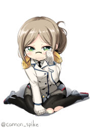 Rule 34 | 10s, 1girl, aged down, arm support, black pantyhose, blonde hair, blush, crying, crying with eyes open, epaulettes, gin&#039;ichi (akacia), green eyes, highres, kantai collection, katori (kancolle), pantyhose, sitting, solo, tears, torn clothes, torn pantyhose, twitter username, uniform, wariza, wavy mouth, white background
