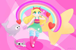 Rule 34 | absurdres, armband, band, bat (animal), blonde hair, blue theme, blush, bone, boots, dark wonderland, dress, droool, heart, highres, horns, nail, narwhal, pink theme, pussy, rainbow, star (symbol), star butterfly, star vs the forces of evil, striped legwear, tagme, thighhighs