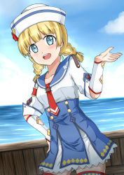 Rule 34 | 1girl, blonde hair, blue eyes, braid, breasts, cloud, day, dixie cup hat, hat, highres, long hair, looking at viewer, military hat, miniskirt, monster hunter (series), monster hunter 3 g, ocean, open mouth, quest receptionist (monster hunter 3 ultimate), solo, thighhighs, twin braids, whitewisewolf, wisewolf art
