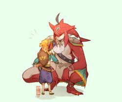 Rule 34 | 2boys, alternate costume, ascot, blonde hair, crossdressing, gerudo set (zelda), jewelry, link, looking at another, male focus, mk/ret, monster boy, multiple boys, nintendo, official alternate costume, ponytail, shield, shield on back, short ponytail, sidon, size difference, squatting, sword, the legend of zelda, the legend of zelda: breath of the wild, weapon, yellow eyes, zora