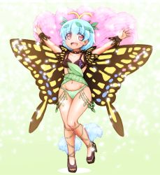 Rule 34 | 1girl, :d, antennae, arms up, bikini, black bikini, black footwear, blue hair, blush stickers, brown eyes, butterfly wings, collarbone, commentary, eternity larva, full body, green bikini, high heels, insect wings, leaf, leaf on head, looking at viewer, mismatched bikini, navel, o/, open mouth, outstretched arms, shirosato, short hair, smile, solo, standing, standing on one leg, swimsuit, touhou, wings, wrist cuffs
