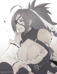Rule 34 | 1girl, ahoge, bare shoulders, belt, blue eyes, breasts, cleavage, collar, collarbone, commentary, detached sleeves, eyepatch, fate/grand order, fate (series), francis drake (fate), frills, greyscale, koyorin, large breasts, long hair, monochrome, scar, scar on face, smile, solo, wide sleeves