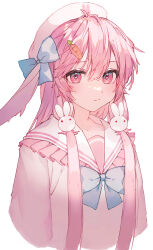 Rule 34 | 1girl, absurdres, blue bow, blue bowtie, bow, bowtie, carrot hair ornament, closed mouth, commentary, deep (deep4946), food-themed hair ornament, hair bow, hair ornament, heart, heart-shaped pupils, highres, long hair, long sleeves, looking at viewer, original, pink eyes, pink hair, pink headwear, pink sailor collar, pink shirt, rabbit hair ornament, sailor collar, school uniform, serafuku, shirt, simple background, solo, symbol-shaped pupils, upper body, white background