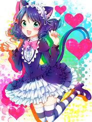 Rule 34 | 10s, 1girl, :d, animal ears, bad id, bad pixiv id, bell, blue hair, bow, bowtie, cat ears, cat tail, curly hair, cyan (show by rock!!), fangs, frilled skirt, frills, green eyes, headdress, heart, highres, looking at viewer, open mouth, patterned legwear, sayuringo, short hair, show by rock!!, skirt, smile, solo, striped clothes, striped thighhighs, tail, thighhighs, two-tone stripes, zettai ryouiki