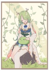 Rule 34 | 1girl, antlers, blue ribbon, blush, border, brown border, ceres fauna, ceres fauna (1st costume), closed eyes, crossed legs, flower, green hair, hair flower, hair ornament, happy birthday, highres, hololive, hololive english, horns, open mouth, petting, ribbon, sapling (ceres fauna), signature, sitting, sitting on lap, sitting on object, sitting on person, virtual youtuber, yryuri0808