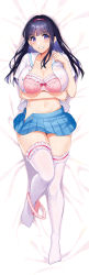 Rule 34 | 1girl, absurdres, amearare, arm under breasts, bed sheet, black hair, blue eyes, blue skirt, blunt bangs, blush, bow, bow bra, bow panties, bra, breasts, buttons, cleavage, clenched teeth, collarbone, commentary request, dakimakura (medium), frilled bra, frilled thighhighs, frills, full body, hair spread out, hairband, hand up, highres, knee up, large breasts, long hair, looking at viewer, lying, miniskirt, mole, mole on breast, mole on thigh, navel, no shoes, on back, open clothes, open shirt, open skirt, original, panties, panties around leg, pink bra, pink panties, pleated skirt, red bow, red hairband, ribbon-trimmed bra, ribbon trim, sailor collar, school uniform, see-through, shirt, short sleeves, sidelocks, skirt, solo, stomach, sweat, teeth, thighhighs, underwear, v-shaped eyebrows, white sailor collar, white shirt, white thighhighs