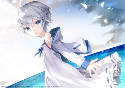 Rule 34 | 1girl, azur lane, bare shoulders, capriccio, chestnut mouth, cloud, commentary request, copyright notice, dress, dutch angle, hood, hood down, hooded jacket, horizon, jacket, long sleeves, looking at viewer, ocean, official art, open clothes, open jacket, open mouth, outdoors, petals, sky, sleeveless, sleeveless dress, sleeves past wrists, solo, u-110 (azur lane), water, watermark, white dress, white jacket