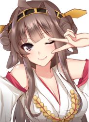 Rule 34 | 10s, 1girl, ;), bad id, bad pixiv id, blue eyes, blush, breasts, brown hair, cleavage, hairband, headgear, japanese clothes, kantai collection, kongou (kancolle), lips, long hair, looking at viewer, meaomao, nontraditional miko, one eye closed, smile, solo, upper body, v, v over eye
