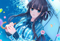 Rule 34 | 1girl, :d, amamiya chiharu, black hair, blue eyes, blue ribbon, blush, breasts, candy, collared dress, commentary request, dress, food, hair rings, holding, holding umbrella, long hair, long sleeves, looking at viewer, medium breasts, neck ribbon, open mouth, original, ribbon, ring pop, sidelocks, smile, solo, star (symbol), striped clothes, striped dress, teeth, umbrella, upper body, upper teeth only, vertical-striped clothes, vertical-striped dress, white umbrella