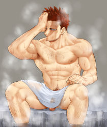 Rule 34 | 1boy, bara, boku no hero academia, chest hair, endeavor (boku no hero academia), facial hair, feet out of frame, flaccid, hand on own face, highres, leg hair, male focus, male pubic hair, mature male, muscular, muscular male, naked towel, navel, onsen, p (pppppppppq), pectorals, penis, pubic hair, red hair, scar, scar across eye, scar on face, short hair, sideburns, solo, spiked hair, steam, stubble, thighs, towel, wet