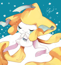 Rule 34 | absurdres, banchiku, closed mouth, commentary request, creatures (company), closed eyes, game freak, gen 3 pokemon, green background, grey ribbon, hands up, highres, interlocked fingers, jirachi, legendary pokemon, mythical pokemon, nintendo, no humans, own hands together, pokemon, pokemon (creature), smile, solo, star (symbol)