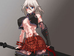 Rule 34 | 1girl, abs, alisa ilinichina amiella, bare shoulders, black footwear, black gloves, black pantyhose, black vest, bleeding, blood, blood on face, blue eyes, boots, bracer, breasts, bruise, closed mouth, collared vest, commentary request, covered erect nipples, cowboy shot, cuts, elbow gloves, fingerless gloves, gloves, god eater, god eater burst, grey background, hair between eyes, highres, holding, holding sword, holding weapon, huge weapon, injury, kanbutsu (kanbu2), large breasts, long hair, looking down, navel, no headwear, pantyhose, partially unbuttoned, plaid, plaid skirt, pleated skirt, red skirt, sidelocks, silver hair, simple background, single elbow glove, skirt, solo, standing, stomach, suspender skirt, suspenders, suspenders slip, sweat, sword, thigh boots, thighhighs, torn clothes, torn gloves, torn legwear, torn vest, underboob, vest, weapon