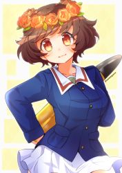 Rule 34 | 1girl, absurdres, akiyama yukari, blue jacket, brown eyes, brown hair, closed mouth, commentary, cowboy shot, flower, girls und panzer, green shirt, head tilt, head wreath, highres, holding, holding behind back, jacket, long sleeves, looking at viewer, messy hair, military, military uniform, miniskirt, namatyoco, holding behind back, ooarai military uniform, orange flower, pleated skirt, shirt, short hair, skirt, smile, solo, standing, tank shell, twitter username, uniform, white skirt, yellow background