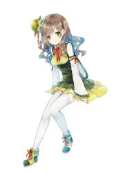 Rule 34 | 1girl, arm support, boots, brown hair, closed mouth, commentary request, detached sleeves, dress, green dress, green eyes, green footwear, hair ornament, highres, kikka (kicca choco), long hair, long sleeves, looking at viewer, neck ribbon, original, red ribbon, ribbon, simple background, sitting, sleeveless, sleeveless dress, sleeves past wrists, smile, solo, thighhighs, white background, white thighhighs