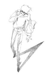 Rule 34 | 1boy, absurdres, arm at side, belt, blank eyes, floating hair, full body, greyscale, hand on own face, hatching (texture), heel up, highres, hori38917164, jacket, leaning to the side, long sleeves, male focus, monochrome, open clothes, open jacket, original, pants, shaded face, shadow, shirt, short hair, simple background, solo, torn clothes, torn jacket, torn shirt, walking