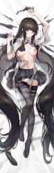 Rule 34 | 1girl, absurdly long hair, absurdres, ahoge, alternate breast size, arknights, arms up, ascot, bed sheet, black ascot, black eyes, black footwear, black garter straps, black hair, black halo, black nails, black skirt, black thighhighs, black wings, blunt bangs, blush, breasts, breasts apart, bright pupils, broken halo, censored, chinese commentary, closed mouth, collared jacket, colored inner hair, commentary request, dakimakura (medium), dark halo, detached wings, energy wings, eyelashes, feet, fingernails, from above, full body, garter straps, grey hair, hair spread out, halo, high heels, highres, hime cut, incredibly absurdres, jacket, knee up, knees, lace, lace-trimmed skirt, lace trim, large breasts, legs, light smile, lips, long hair, looking at viewer, lying, miniskirt, mole, mole under eye, multicolored hair, nail polish, navel, nipples, no shirt, no shoes, on back, open clothes, open jacket, pale skin, pleated skirt, puffy nipples, sample watermark, saw272, see-through, see-through legwear, shadow, shiny clothes, shiny legwear, shiny skin, shoes, short sleeves, sidelocks, skirt, slit pupils, solo, stomach, straight hair, strap, strappy heels, thighhighs, thighs, toenails, toes, two-tone hair, unworn shoes, variant set, very long hair, virtuosa (arknights), watermark, white jacket, white pupils, wide sleeves, wing collar, wings