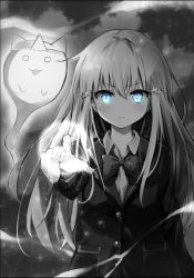 Rule 34 | 1girl, :3, arm at side, bad id, bad twitter id, blazer, blue eyes, bow, bowtie, buttons, closed mouth, collared shirt, commentary request, frown, ghost, glowing, glowing eyes, greyscale, hair ornament, highres, hyurasan, jacket, light, light particles, long hair, long sleeves, looking at viewer, magic, monochrome, o o, original, pointing, pointing at viewer, shirt, sidelocks, solo, spot color, star (symbol), star hair ornament, tongue, tongue out, triangular headpiece, upper body, v-shaped eyebrows, wind, wing collar