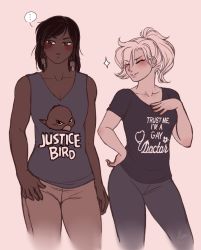 Rule 34 | ..., 2girls, blonde hair, casual, clothes writing, collarbone, dark-skinned female, dark skin, english text, closed eyes, facial tattoo, mercy (overwatch), multiple girls, murasaki-yuri, overwatch, overwatch 1, pharah (overwatch), ponytail, shirt, signature, simple background, smile, speech bubble, spoken ellipsis, t-shirt, tattoo