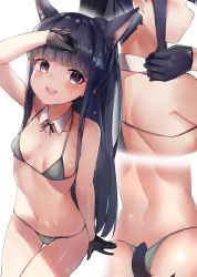 Rule 34 | 1girl, :d, animal ears, arm up, ass, bare arms, bare shoulders, bikini, black gloves, black hair, breasts, collarbone, detached collar, gloves, green bikini, highres, kasumi (princess connect!), kure (kure ng), long hair, looking at viewer, multiple views, navel, open mouth, princess connect!, princess connect!, purple eyes, small breasts, smile, stomach, string bikini, swimsuit, tail, thigh gap, thighs