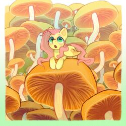 Rule 34 | 1girl, absurdres, artist name, feathered wings, fluttershy, green eyes, highres, long hair, looking up, mushroom, my little pony, my little pony: friendship is magic, no humans, on mushroom, open mouth, pegasus, pink hair, resoi0, solo, wings, yellow fur, yellow wings