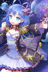 Rule 34 | 1girl, ahoge, belt, blue eyes, blue hair, boots, brooch, crevasse (sword girls), dress, endos, flower, hair ornament, hair ribbon, hairpin, holding, jewelry, layered dress, leg up, lowres, matching hair/eyes, open mouth, pleated dress, ribbon, short hair, smile, solo, star (symbol), sword girls, wand, whale