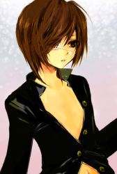 Rule 34 | 1boy, androgynous, bad id, bad pixiv id, brown eyes, brown hair, buttons, eyepatch, hair over one eye, hiro (pixiv), long sleeves, male focus, mole, mole under eye, no bra, open clothes, open mouth, open shirt, original, shirt, short hair, solo, source request, unbuttoned