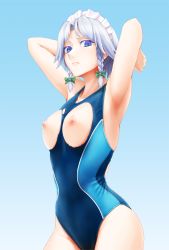 Rule 34 | 1girl, armpits, arms up, bare arms, blue background, blue eyes, blue one-piece swimsuit, bow, braid, breastless clothes, breasts, closed mouth, colored eyelashes, commentary request, competition swimsuit, cowboy shot, gradient background, green bow, hair bow, highres, izayoi sakuya, kujikara (16079917), lips, maid headdress, medium breasts, nipples, one-piece swimsuit, parted bangs, silver hair, solo, swimsuit, touhou, twin braids