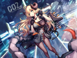 Rule 34 | 1girl, :o, arrow (projectile), black pantyhose, blonde hair, blurry, blurry foreground, breasts, cleavage, curled horns, dk.senie, dutch angle, fingerless gloves, gloves, head tilt, headset, highres, holographic interface, horns, injection, jacket, large breasts, long hair, looking at viewer, motion blur, open clothes, open jacket, original, pantyhose, quiver, science fiction, scorpion tail, short sleeves, solo, tail, tattoo