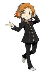 Rule 34 | 1boy, brown eyes, brown hair, grin, hanamura yousuke, headphones, highres, houndstooth, male focus, official art, persona, persona 4, persona q2: new cinema labyrinth, persona q (series), pointing, school uniform, shoes, smile, sneakers, solo, yasogami school uniform
