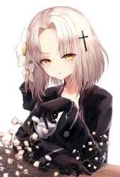 Rule 34 | 1girl, alcohol, aug (girls&#039; frontline), bad id, bad pixiv id, black gloves, branch, closed mouth, collarbone, commentary, cross, cup, expressionless, flower, girls&#039; frontline, gloves, hair flower, hair ornament, hair ribbon, highres, holding, holding branch, holding cup, long sleeves, looking at viewer, myung yi, revision, ribbon, short hair, silver hair, simple background, solo, table, upper body, white background, wooden table, yellow eyes