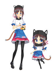 Rule 34 | 1girl, animal ears, animal hat, apron, black footwear, black hat, black pantyhose, blue apron, blue bow, blue eyes, blush, bow, brown hair, cat ears, cat hat, chibi, closed mouth, commentary request, haru to neru (act partner), hat, highres, holding, long hair, looking at viewer, low ponytail, multiple views, original, pantyhose, personification, ponytail, red skirt, shirt, shoes, short sleeves, sidelocks, skirt, smile, standing, standing on one leg, tail, white shirt
