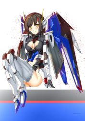 Rule 34 | 1girl, black gloves, black hair, blush, boots, breasts, cleavage, cleavage cutout, clothing cutout, freedom gundam, gloves, gundam, gundam seed, highres, i.takashi, looking at viewer, making-of available, mecha musume, mechanical wings, navel, open hand, personification, sitting, smile, solo, stomach cutout, thigh boots, thighhighs, wings, yellow eyes