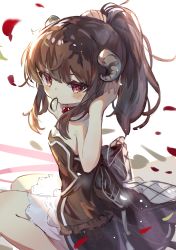 Rule 34 | 1girl, back bow, bow, brown eyes, brown hair, commentary request, dress, frilled dress, frills, from behind, fujii shino, hair tie, hands up, highres, horns, layered dress, long hair, looking at viewer, mouth hold, original, petals, ponytail, sitting, strapless, strapless dress, tying hair, white background