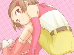 Rule 34 | 1girl, blouse, boots, brown eyes, brown hair, closed mouth, commentary request, digimon, digimon adventure 02, gloves, hair ornament, hairclip, kneehighs, looking at viewer, mysk918, pink background, pink footwear, red eyes, shirt, short hair, sitting, sleeveless, sleeveless shirt, smile, socks, solo, white socks, yagami hikari