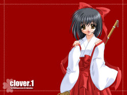 Rule 34 | 1girl, :d, artist name, bamboo broom, black hair, bow, broom, brown eyes, clover, clover (game cg), copyright name, cowboy shot, hair bow, hakama, hakama skirt, highres, japanese clothes, long sleeves, looking at viewer, miko, nishimata aoi, open mouth, red background, red bow, red hakama, simple background, skirt, sleeves past wrists, smile, solo, tareme, wallpaper, wide sleeves