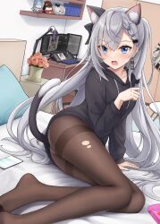 Rule 34 | 1girl, absurdres, animal ear fluff, animal ears, bazo (vestia zeta), bed sheet, bedroom, black bow, black sweater, blue eyes, blush, bow, braid, breasts, brown pantyhose, cat ears, cat girl, cat tail, cellphone, collarbone, feet, foot out of frame, grey hair, hair between eyes, hair bow, highres, hololive, hololive english, hololive indonesia, hood, hood down, hooded sweater, indoors, kaela kovalskia (penguin), kobo kanaeru, legs, long hair, looking at viewer, medium breasts, ninomae ina&#039;nis, no shoes, on bed, open mouth, panties, panties under pantyhose, pantyhose, phone, single braid, sitting, smartphone, solo, sweater, tail, thighband pantyhose, thighs, torn clothes, torn pantyhose, underwear, very long hair, vestia zeta, virtual youtuber, zeng$ (zwj)