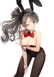 Rule 34 | 1girl, ;), animal ears, bare shoulders, black leotard, black nails, black pantyhose, blush, bow, bowtie, breast hold, breasts, cleavage, detached collar, earrings, fake animal ears, fingernails, grey hair, groin, hair ornament, hair rings, hairclip, hand on own thigh, heart, heart earrings, highres, jewelry, leaning forward, leotard, long hair, looking at viewer, love live!, love live! school idol project, medium breasts, minami kotori, nail polish, one eye closed, pantyhose, playboy bunny, rabbit ears, red bow, red bowtie, side ponytail, simple background, smile, solo, standing, sunga2usagi, white background, wrist cuffs, yellow eyes