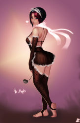 Rule 34 | 1girl, ass, bare back, bare shoulders, barefoot, black hair, blue eyes, breasts, elbow gloves, feet, fiora (league of legends), frills, full body, gloves, heart, instant ip, ladle, large breasts, league of legends, lipstick, looking at viewer, looking back, maid, makeup, multicolored hair, panties, purple hair, scarf, see-through, short hair, sideboob, solo, stirrup legwear, tattoo, thighhighs, thighs, thong, toeless legwear, toes, two-tone hair, underwear