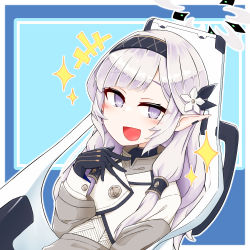 Rule 34 | blue archive, blue background, blush, commentary request, gloves, grey hair, hair ornament, halo, hand up, headband, highres, himari (blue archive), open mouth, pointy ears, portrait, purple eyes, school uniform, shiki hicage, simple background, uniform