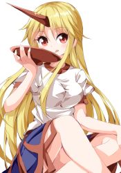 Rule 34 | 1girl, blonde hair, breasts, clothes lift, cup, horns, hoshiguma yuugi, indian style, legs, licking lips, long hair, looking at viewer, medium breasts, oni horns, puffy short sleeves, puffy sleeves, red eyes, ruu (tksymkw), sakazuki, shirt, short sleeves, simple background, single horn, sitting, skirt, skirt lift, smile, solo, tongue, tongue out, touhou, very long hair, white background, white shirt