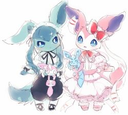 Rule 34 | blue eyes, blue hair, bow, carrying, choko (sweetpocket), closed mouth, creatures (company), dress, fang, game freak, gen 4 pokemon, gen 6 pokemon, glaceon, nintendo, open mouth, pokemon, pokemon (creature), ribbon, sidelocks, smile, standing, sylveon, white background