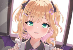 Rule 34 | 1girl, :d, black bow, blonde hair, blurry, blurry background, bow, collarbone, collared shirt, commentary request, depth of field, earrings, fangs, green eyes, hair bow, hair ornament, hairclip, hands up, heart, heart hair ornament, highres, indoors, jewelry, kurumi noah, looking at viewer, mini wings, multicolored hair, open mouth, pink hair, portrait, purple wings, shirt, sleeveless, sleeveless shirt, smile, solo, sunlight, synn032, two-tone hair, two side up, virtual youtuber, vspo!, white shirt, window, wings