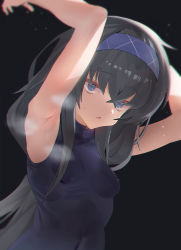Rule 34 | 1girl, armpits, arms up, bad id, bad twitter id, black hair, blue archive, blue eyes, blush, breasts, covered erect nipples, covered navel, hairband, long hair, looking at viewer, open mouth, osanpo02, solo, sweat, ui (blue archive), very long hair