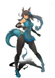 Rule 34 | 1girl, armor, bare shoulders, black gloves, black pantyhose, blue dress, blue eyes, blue footwear, bow, brass knuckles, breasts, covered erect nipples, dragon girl, dragon horns, dragon tail, dress, elbow gloves, fins, frilled dress, frills, full body, gauntlets, gloves, grey hair, hair bow, head fins, horns, karin (p&amp;d), kyoshinsha oha, large breasts, long hair, looking away, low-tied long hair, op-fanatic, pantyhose, puzzle &amp; dragons, scales, shadow, shoes, simple background, sleeveless, sleeveless dress, solo, spikes, tail, thick thighs, thighs, weapon, white background