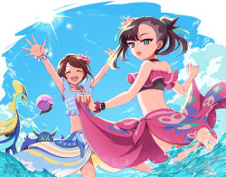 Rule 34 | 2girls, ^ ^, arms up, asymmetrical bangs, barefoot, beach, bikini, blue bikini, blue sky, brown hair, closed eyes, cloud, commentary request, creatures (company), day, dynamax ball, facing viewer, feet, floating hair, flower, flower bracelet, from behind, game freak, gen 8 pokemon, gloria (pokemon), gloria (summer 2021) (pokemon), green eyes, grimmsnarl, hair flower, hair ornament, hair ribbon, hibiscus, highres, inteleon, jewelry, kurobe sclock, marnie (pokemon), marnie (summer 2021) (pokemon), multiple girls, nintendo, official alternate costume, open hands, open mouth, outstretched arms, pendant, pink bikini, pokemon, pokemon (creature), pokemon masters ex, ribbon, sarong, scrunchie, short hair, skirt hold, sky, smile, splashing, standing, standing on one leg, sunlight, swimsuit, teeth, twintails, two side up, upper teeth only, wading, water, wrist scrunchie