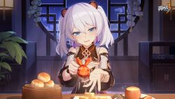 Rule 34 | 1girl, architecture, blue eyes, blush, breasts, chinese clothes, earrings, east asian architecture, food, highres, homu (honkai impact), honkai (series), honkai impact 3rd, indoors, jewelry, logo, night, official art, official wallpaper, open hand, open mouth, serving, sitting, small breasts, smile, solo, table, theresa apocalypse, zhuge kongming (honkai impact), twintails, vase, white hair, zhuge kongming (honkai impact)
